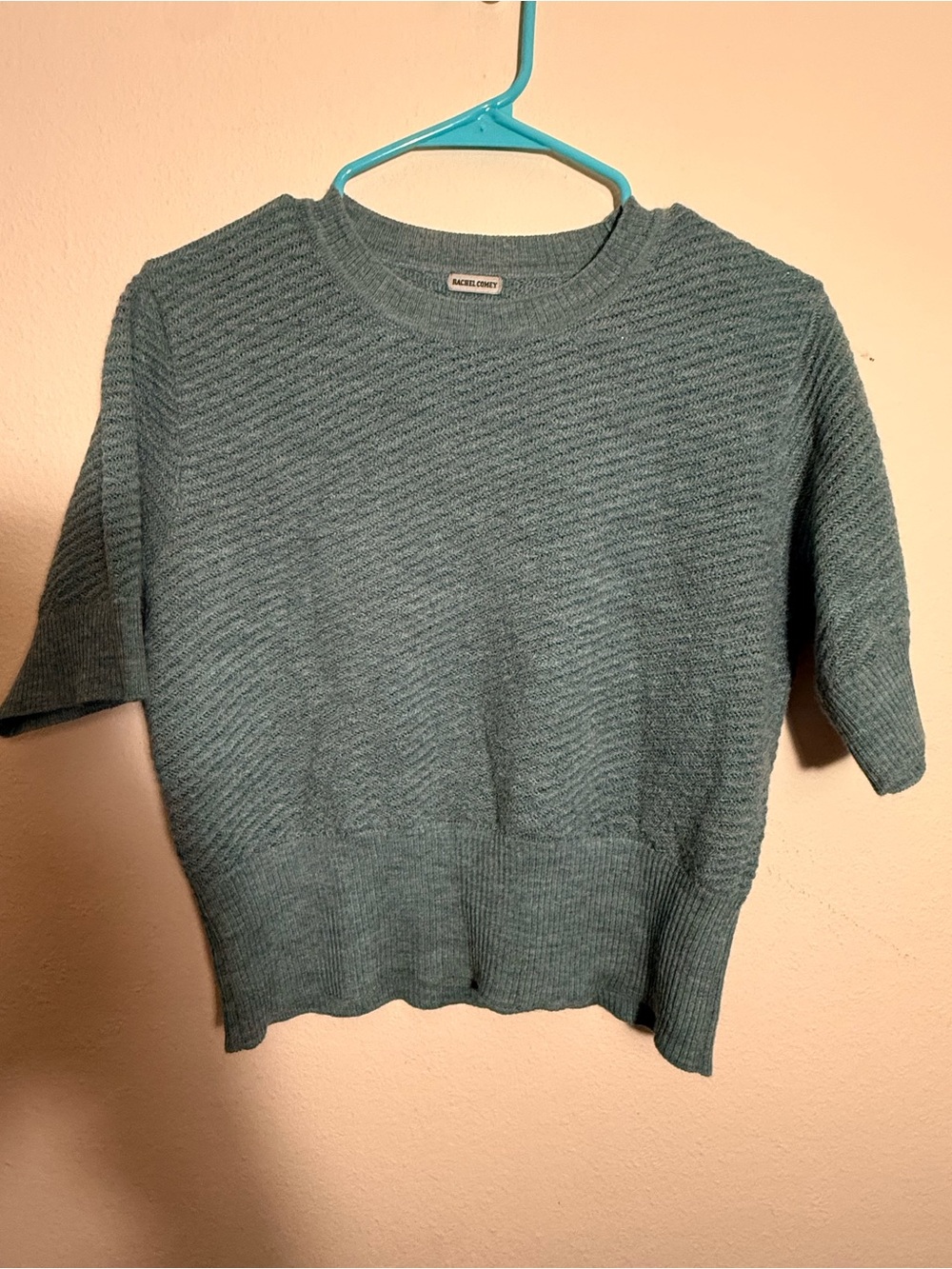 Rachel Comey Green-Blue Ribbed Short Sleeve Crew Sweater Baby Alpaca Cozy Luxury
